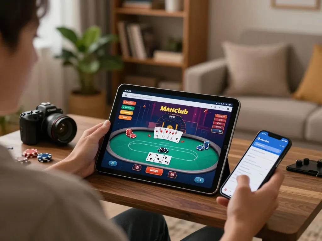 Player engaging with manclub casino app on tablet, showcasing online poker gameplay in cozy atmosphere