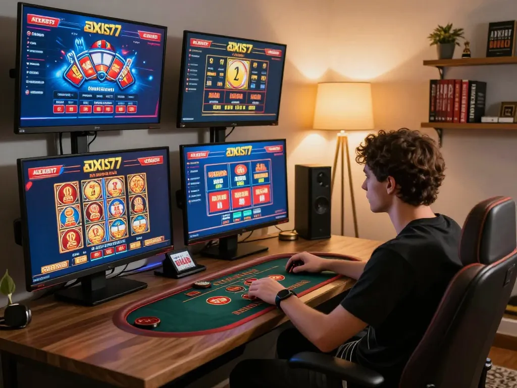 Player engaging with alexis77 online casino games in a cozy home setup, focused on strategic betting.