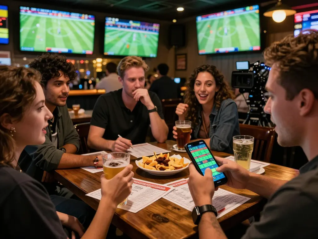 Kèo nhà cái displayed on screens with excited bettors engaging in live sports wagering.