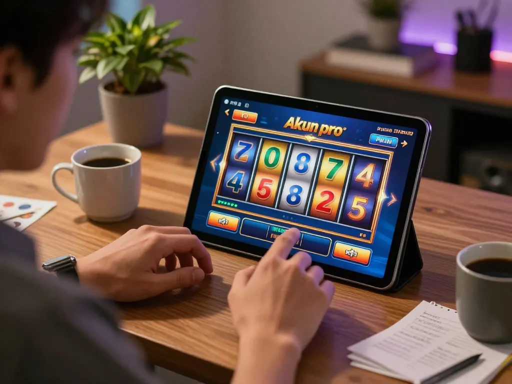 Engaging player using akun pro jepang slot on tablet for online gaming in cozy home setup.