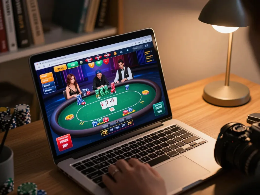 Playing online poker with SC88 Bio app on laptop in cozy home office setting