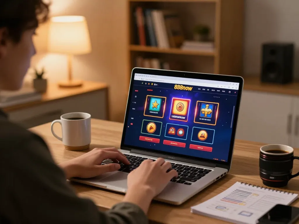 Experience seamless online gaming with 888now com at home, featuring a cozy setup and strategy notes.
