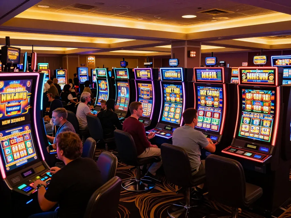 Slot bonus new member excitement seen on the casino floor with players engaging in slot machines.
