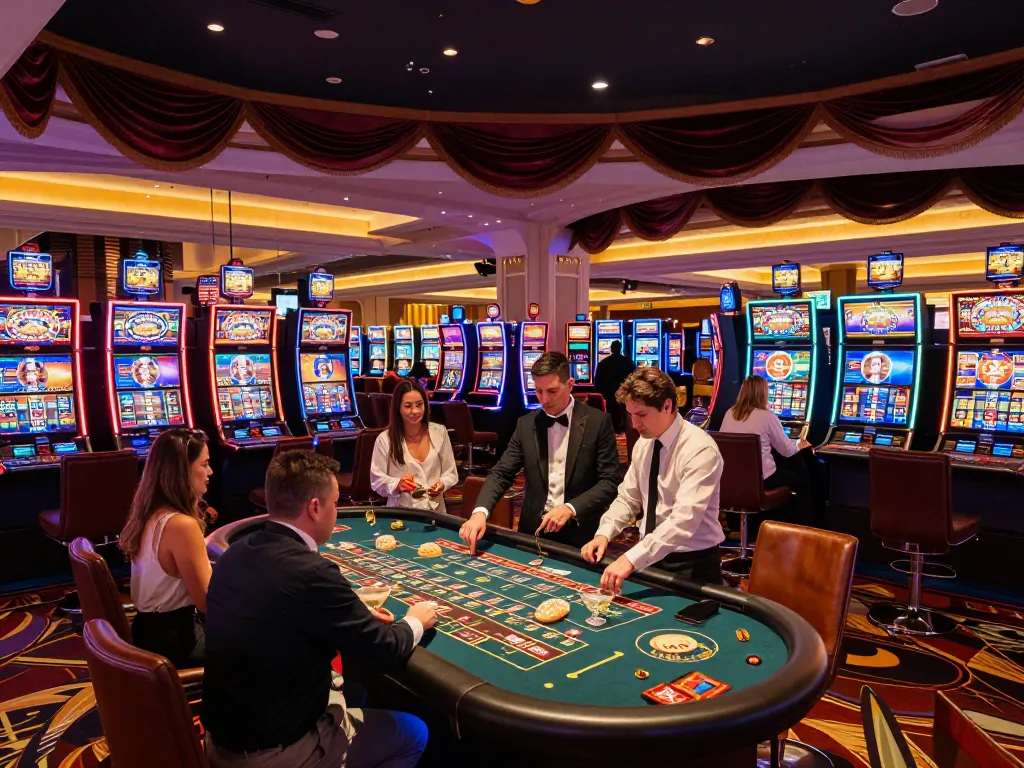 Players enjoying the exciting casino experience at xx88, vibrant slot machines and roulette tables observable.
