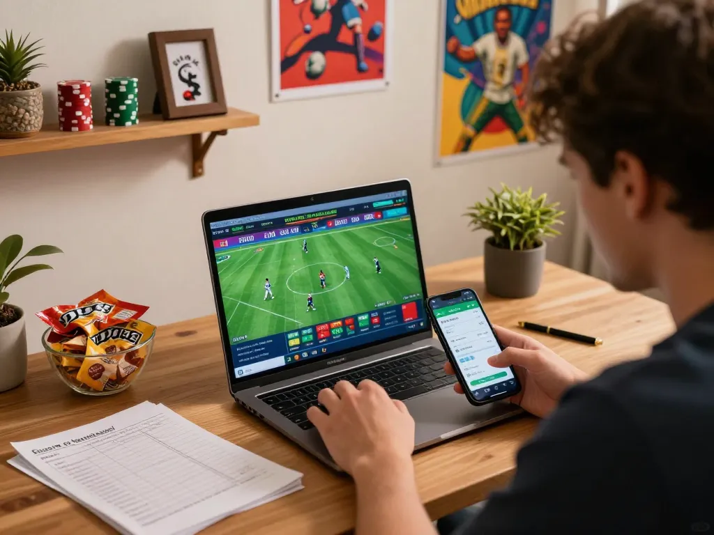 tv88 user engaging in sports betting through laptop and mobile app in a cozy setup