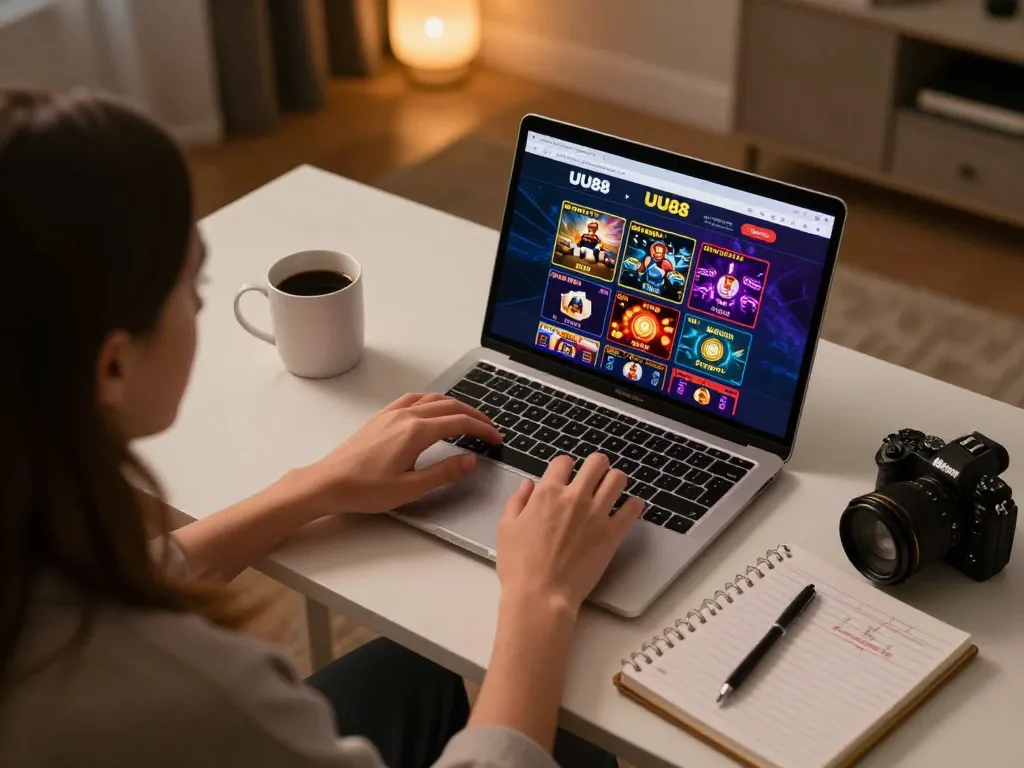 Playing games at UU88 online casino on a modern laptop in a cozy home office.