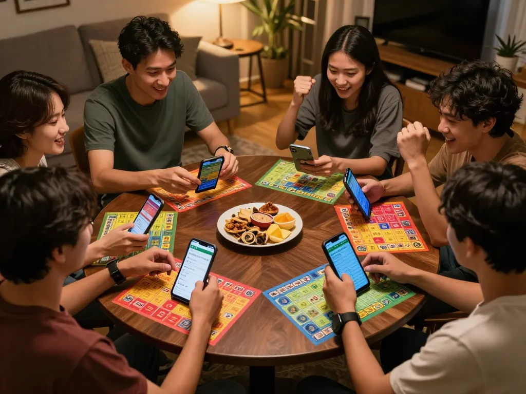 Lô đề online gameplay scene with friends betting and celebrating wins in a cozy home.