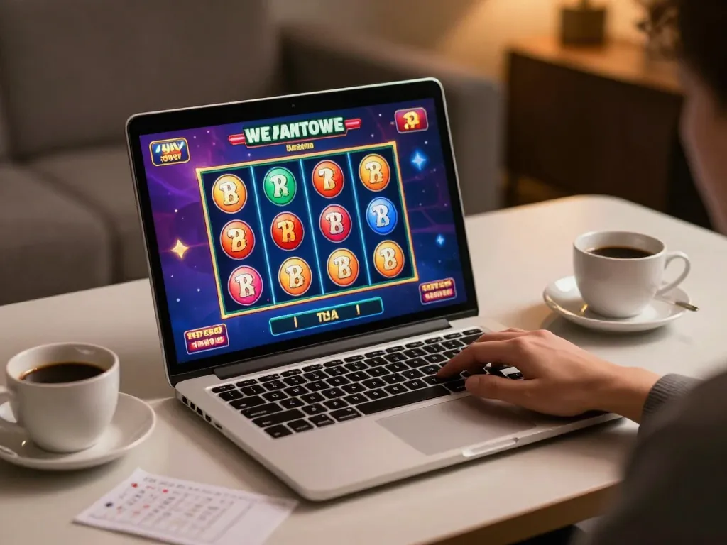 Engaging player at situs slot game on laptop with strategic notes beside coffee cup.
