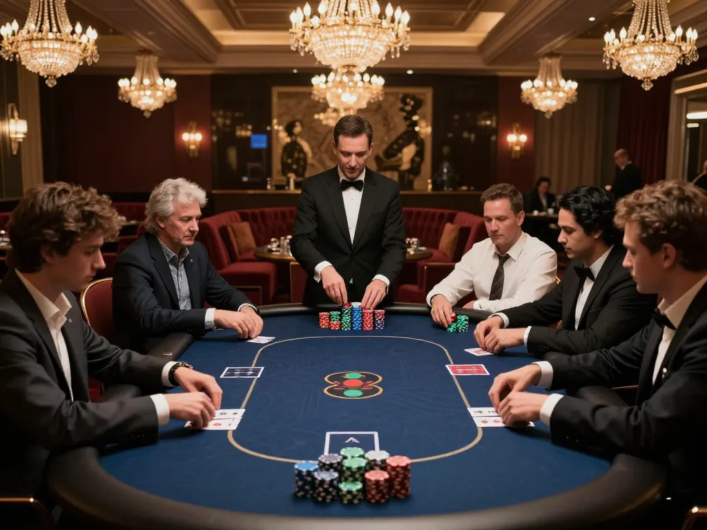 vipwin players engaged in intense poker session at a luxury casino's high-roller room