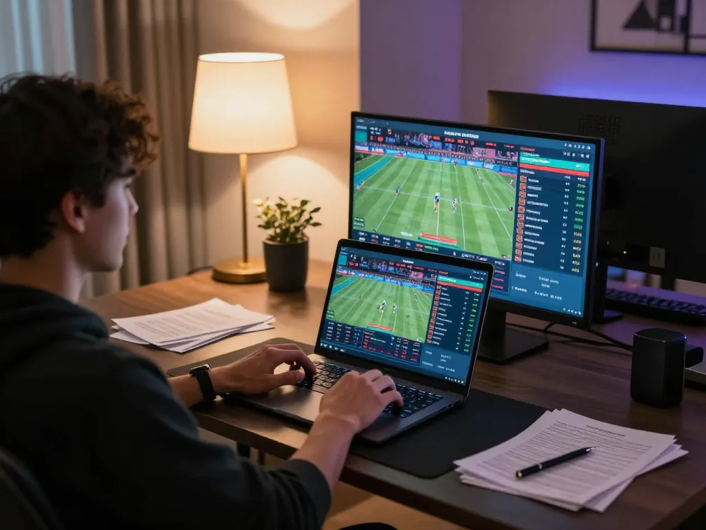 Engaged user betting at nhà cái 8xbet on a laptop in a stylish home office.