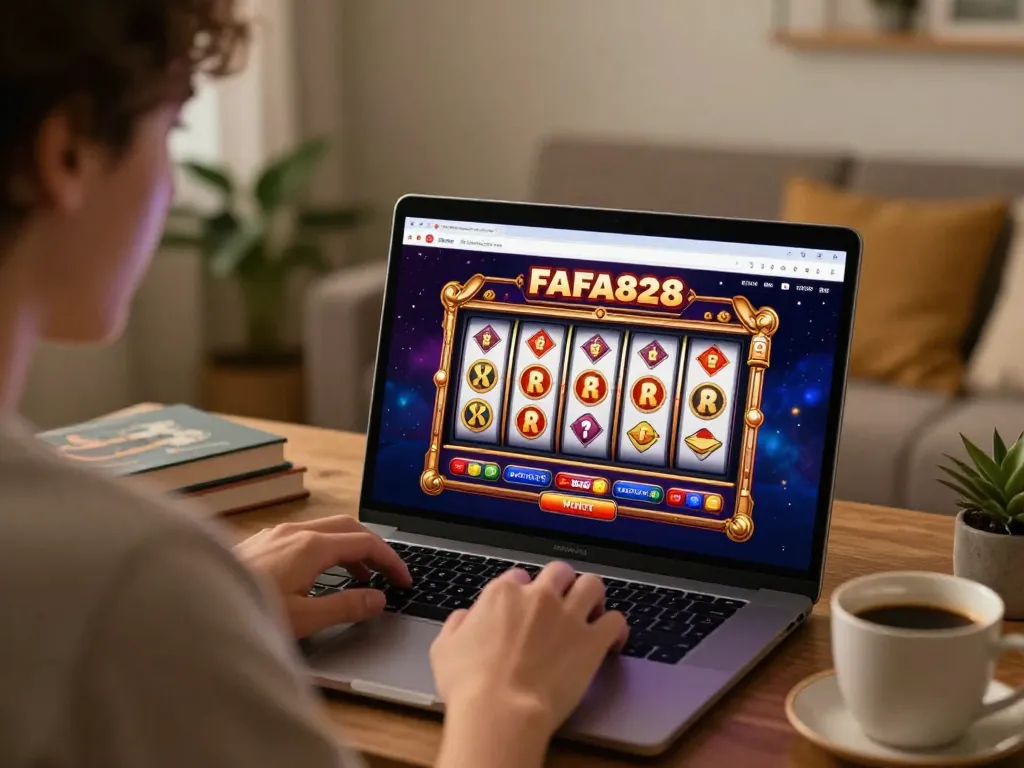 Player enjoying FAFA828 online slots at home, showcasing vibrant game interface and cozy atmosphere.