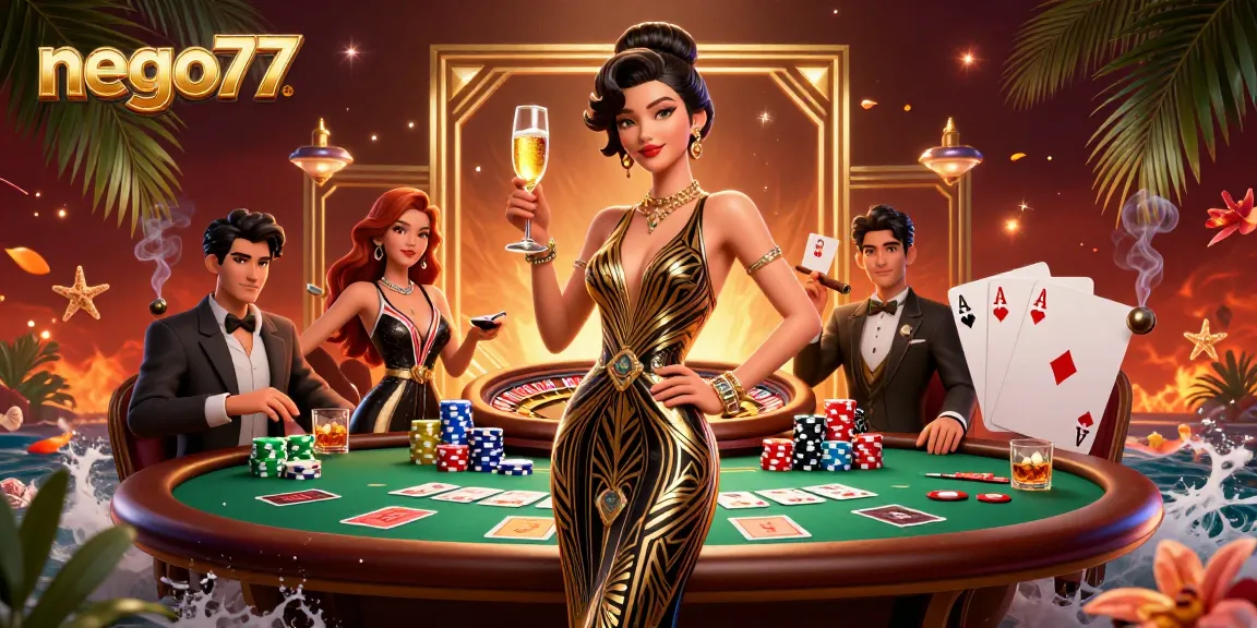 Engage with nego77's exclusive casino scene featuring poker elements and glamorous aesthetics.