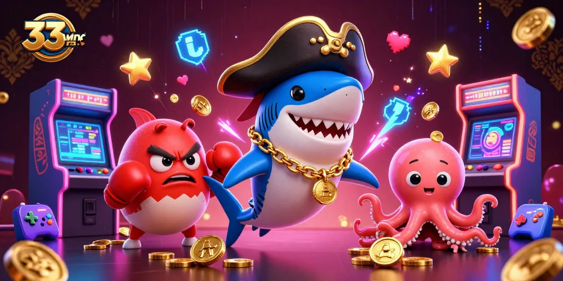 Engage with 33win c as the fun pirate shark, pufferfish, and octopus celebrate casino wins.