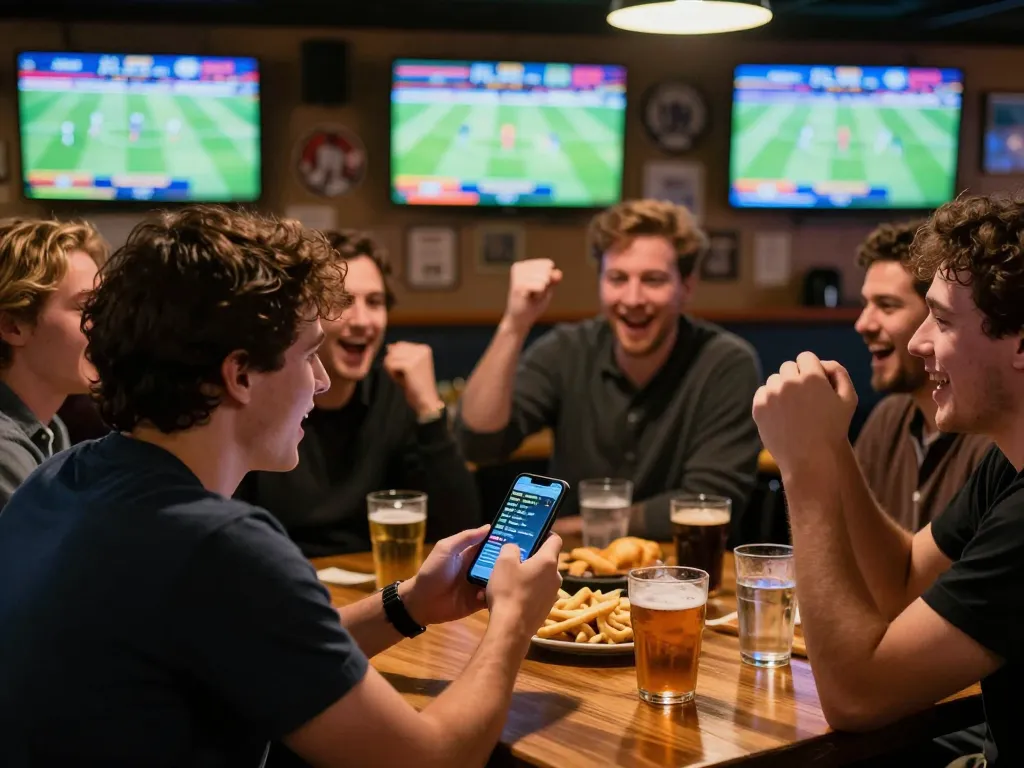 Engaged sports fan using smartphone for migliori siti di scommesse online during live match in bustling bar