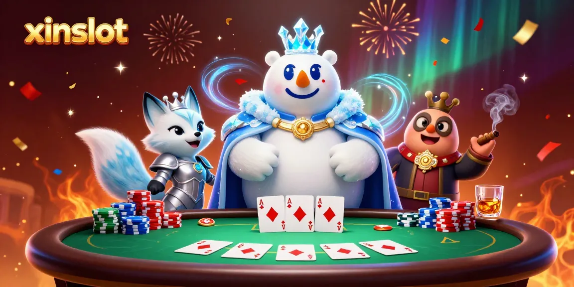 Win big at xinslot with our 3D illustration featuring a polar bear and a snow fox amid casino action.