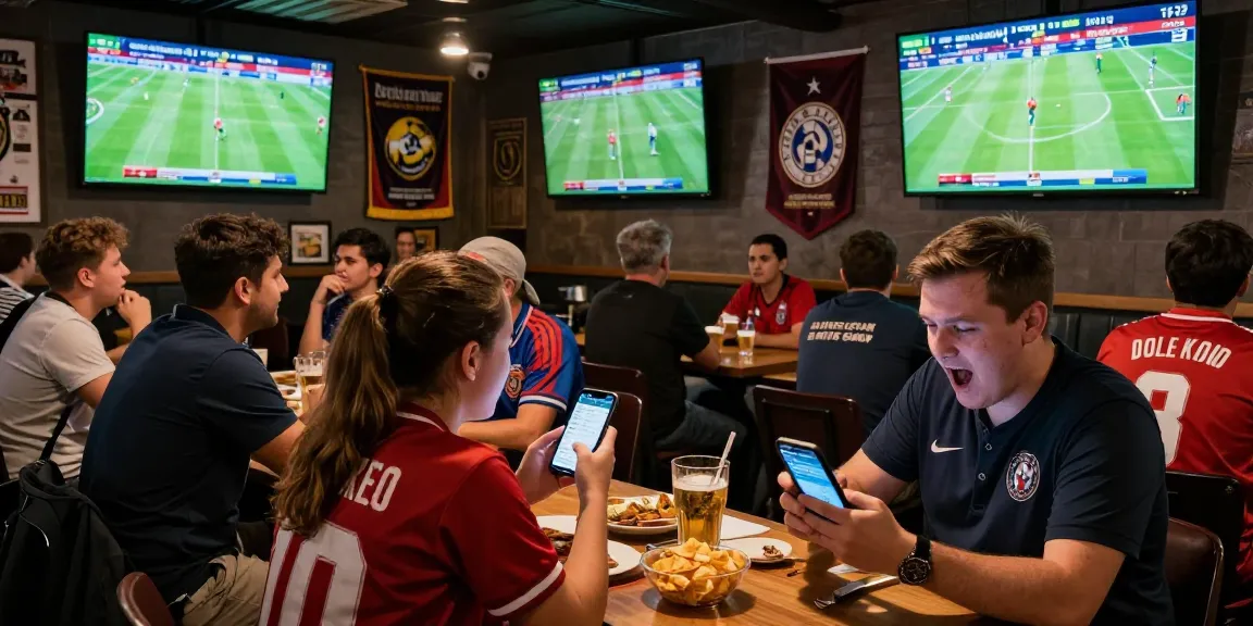 Fans checking ty le keo updates at a lively sports bar during an exciting football match.