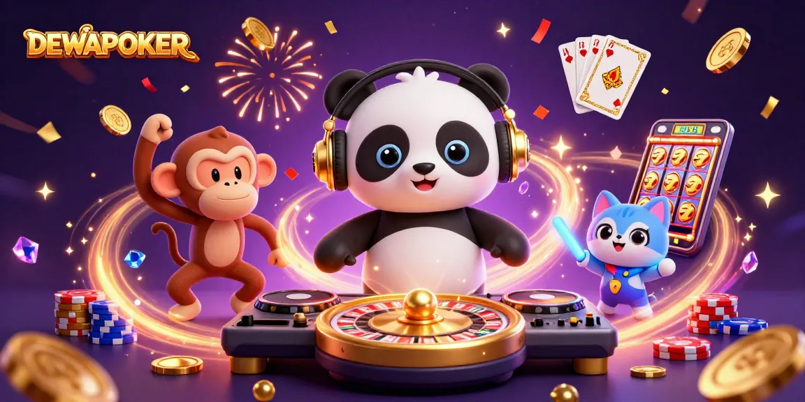 DewaPoker showcases dynamic gaming with a DJ panda and vibrant characters in a casino-themed scene