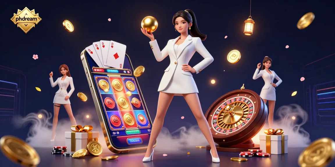 Play exciting casino games with phdream in this vibrant 3D illustration featuring a confident Asian woman and dynamic gaming elements.