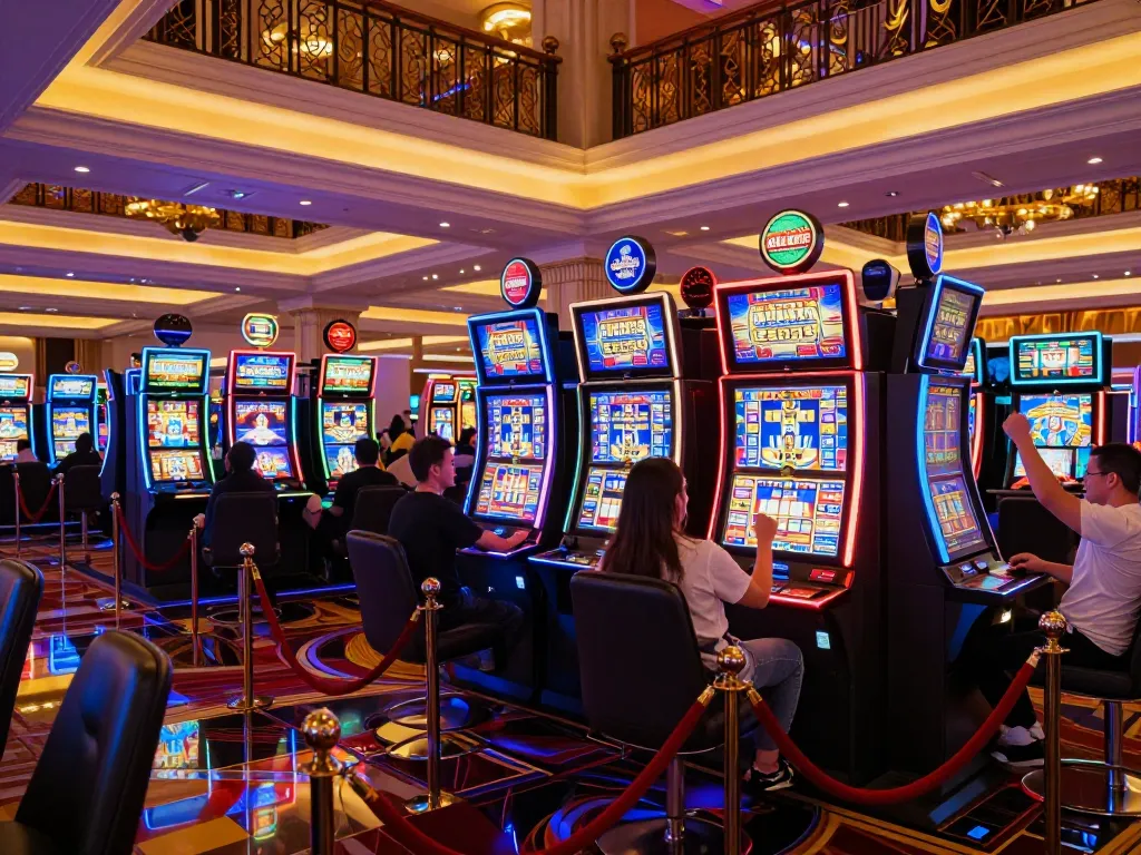 Engaging scene of players at vibrant link slot machines in a lively casino atmosphere, celebrating wins.