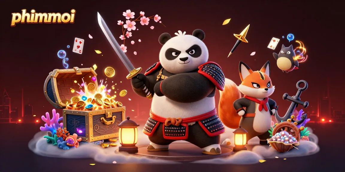 Experience phimmoi's thrilling adventure with a samurai panda and ninja fox in a vibrant casino scene.