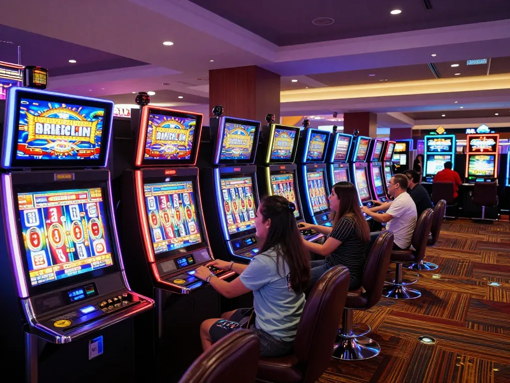 Players engaging with colorful JPTOTO slot machines for exciting wins in vibrant casino.
