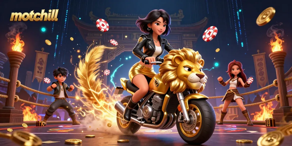 Experience thrilling gameplay with motchill featuring a glamorous character riding a lion amidst gold coins and dynamic gaming elements.