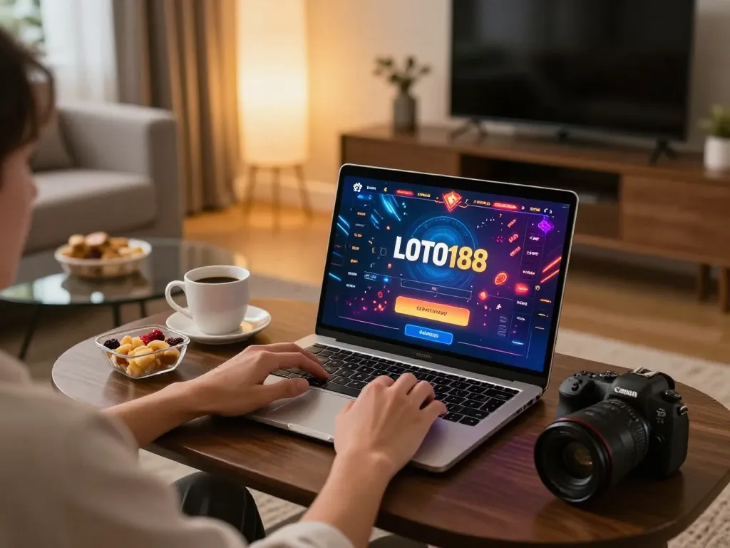 Person playing LOTO188 online casino on a laptop in a cozy living room.