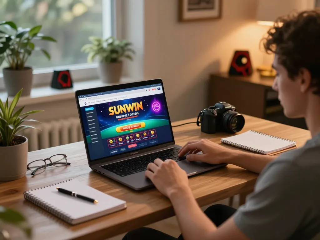 SUNWIN player engaging in strategic online gaming at home with cozy atmosphere.
