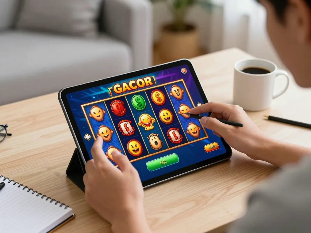 Player enjoying slot gacor experience on a tablet in a cozy home office ambiance