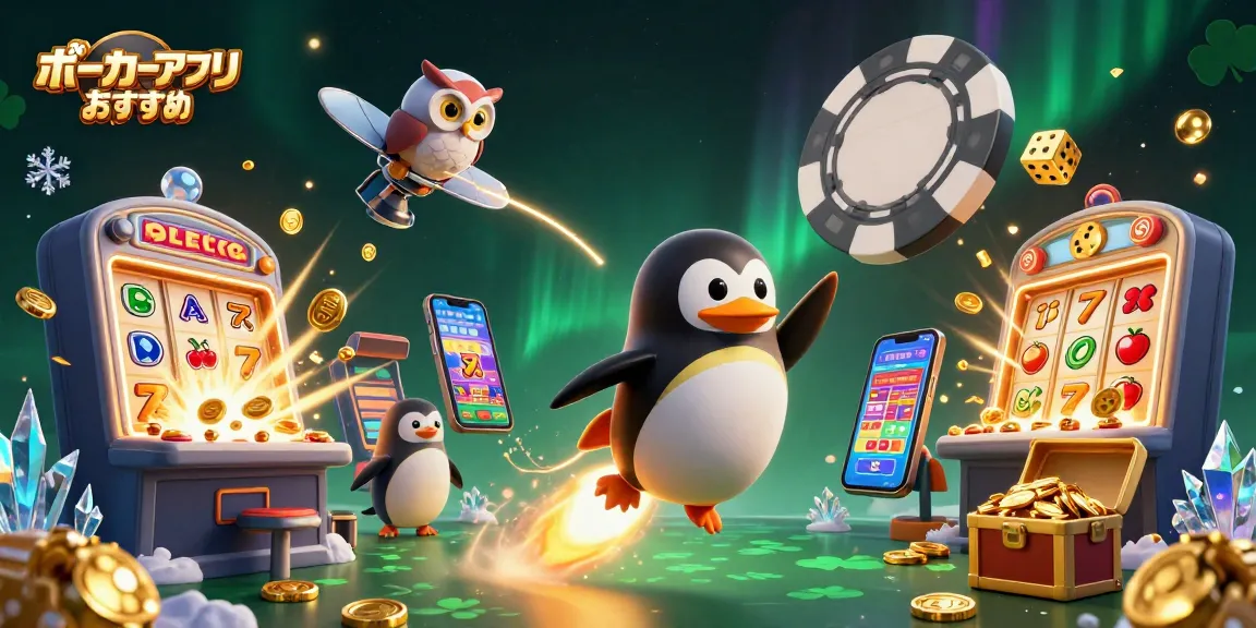 ポーカーアプリ おすすめでの賭けプレイを楽しむためのシーン、黄金のペンギンが宇宙を駆け巡る