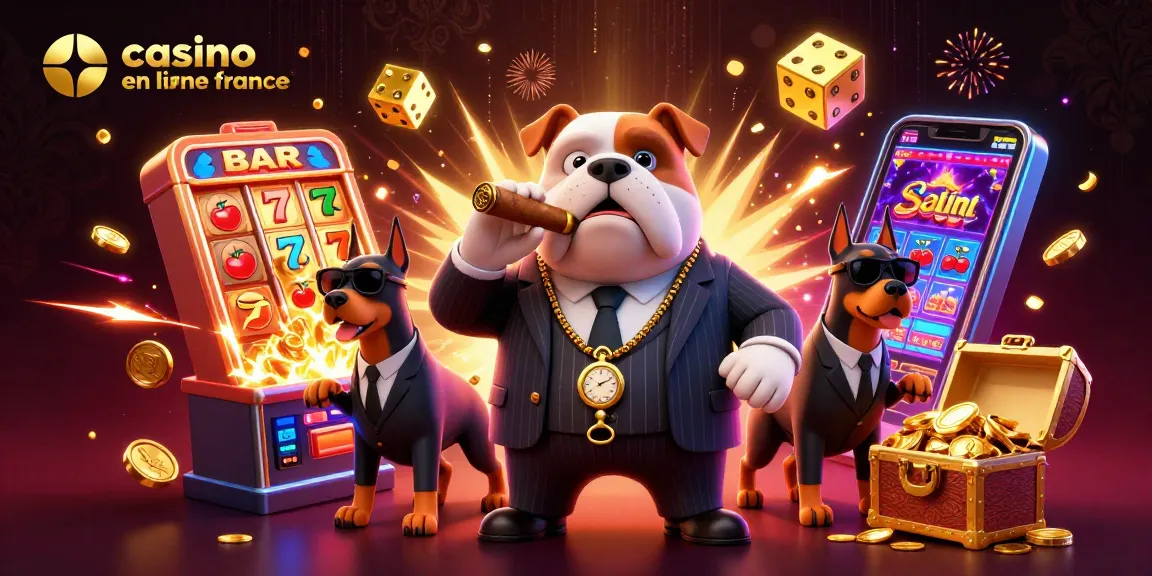 Découvrez l'univers du casino en ligne France avec un bulldog mafieux entouré de gardes et de jackpots éclatants.