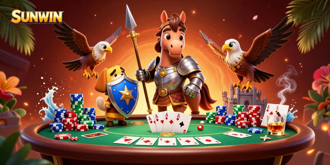 SUNWIN offers an exciting gaming experience with poker players celebrating their victories amid vibrant casino elements.