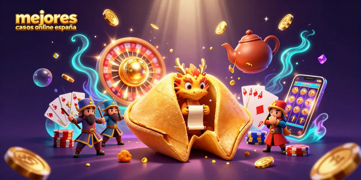 Ilustración de los mejores casinos online España con un dragón sabio y una galleta de la fortuna dorada.