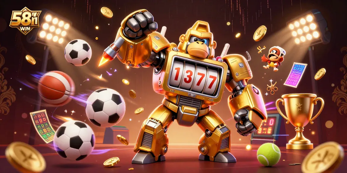 Engage with thrilling 58WIN casino action featuring dynamic 3D golden gorilla mech and lively sports elements.