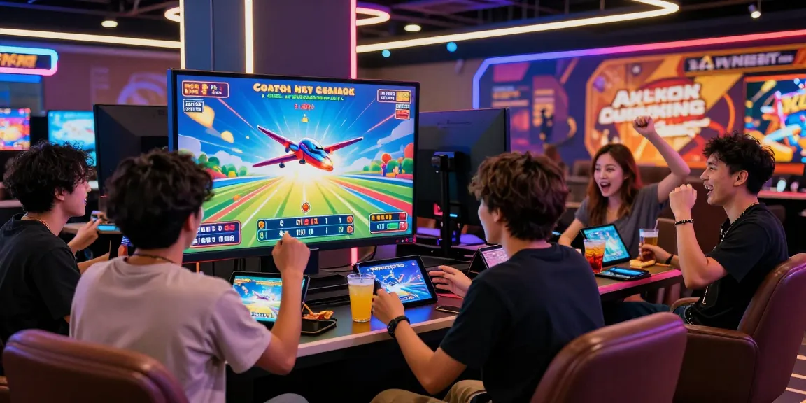 Aviator 1xbet gaming scene featuring friends enjoying a crash game in a vibrant online casino atmosphere.