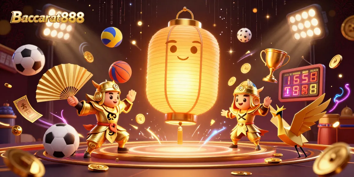 Baccarat888 reveals a vibrant 3D scene with a glowing lantern spirit and dynamic sports action that captivates bettors.
