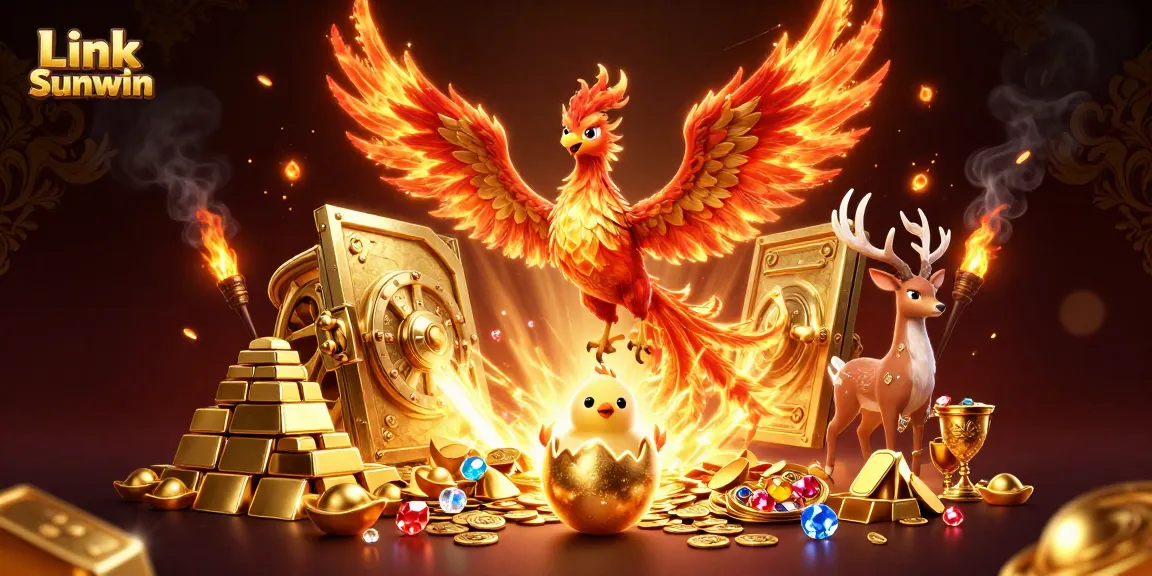 Play exciting games at Link Sunwin with a vibrant 3D phoenix scene full of treasures.