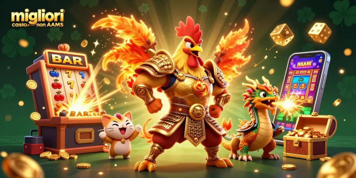 Gioca nei migliori casino non AAMS con uno splendido guerriero e un drago, circondati da simboli di gioco.