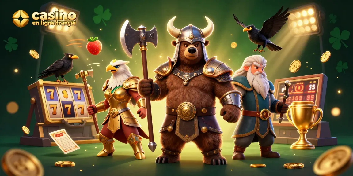 Gagnez en jouant aux machines à sous sur un casino en ligne français, avec un Viking et un aigle en scène dynamique.