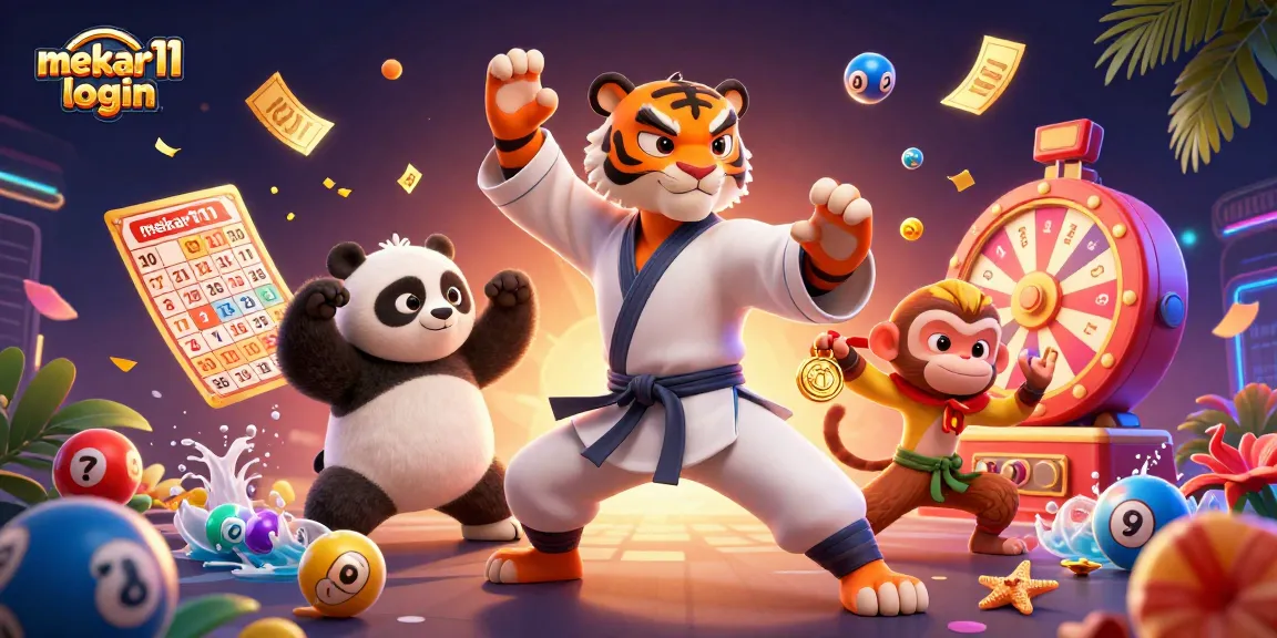 Engage in thrilling gameplay with mekar11 login as a 3D kung fu tiger and friends celebrate a jackpot.