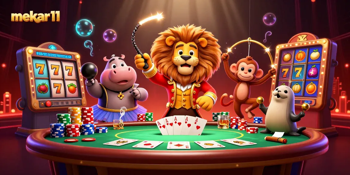 Mekar11 app users spin into action at a vibrant 3D circus-themed casino scene.