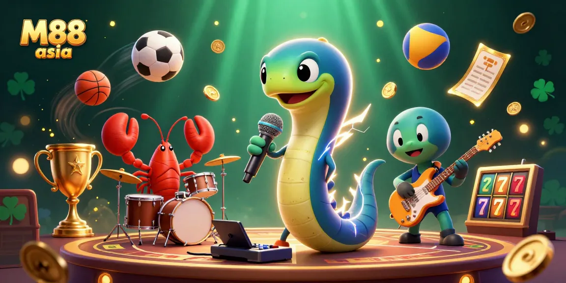 M88 asia captures an electrifying casino scene with a DJ eel, lobster drummer, and seahorse guitarist amidst vibrant gambling elements.