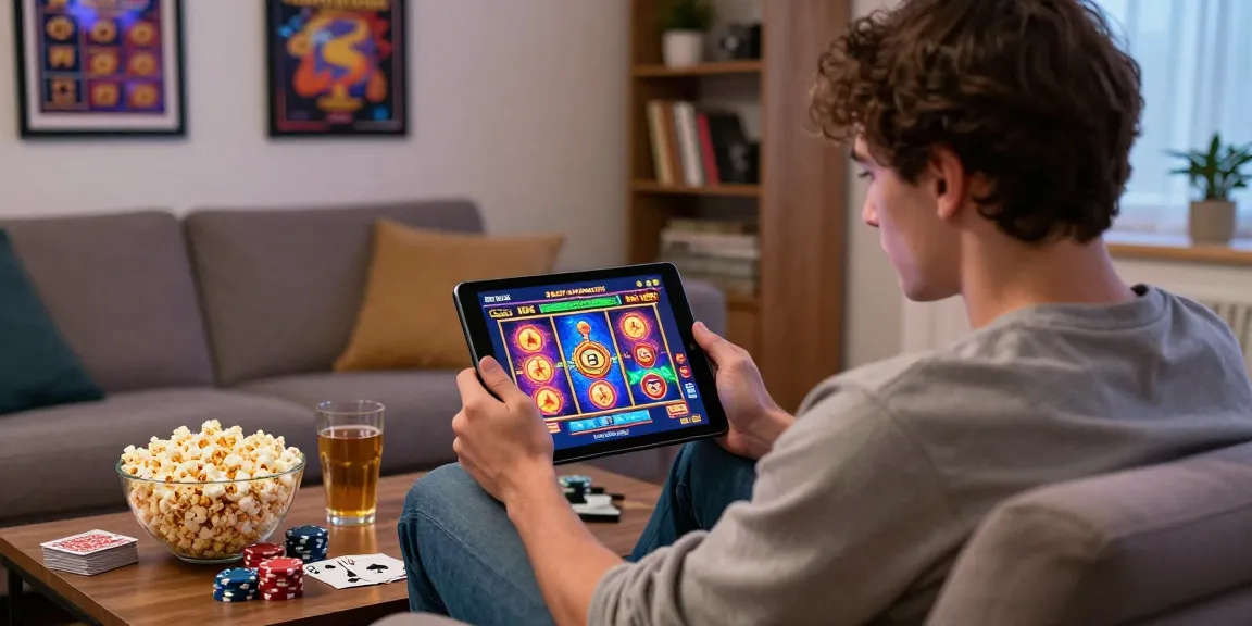 Player engaged with situs gacor on tablet surrounded by gaming snacks and cards in cozy living room.