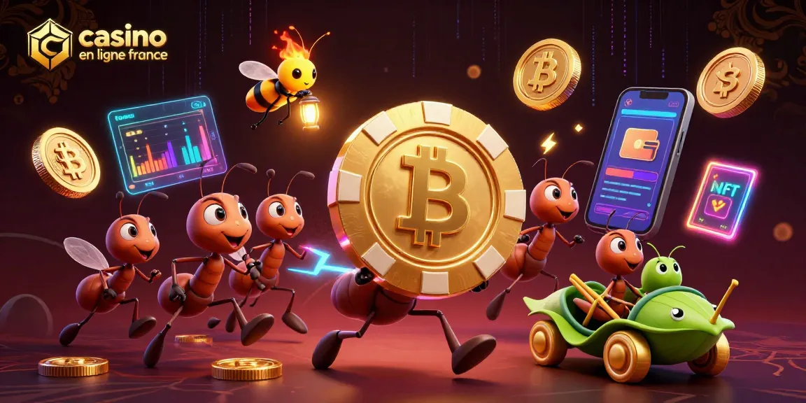 Profitez de l'adrénaline du casino en ligne France avec des personnages animés transportant des jetons dorés.