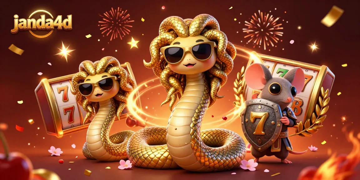 Permainan slot online janda4d dengan karakter Medusa dan mouse pahlawan dalam ilustrasi berwarna cerah.