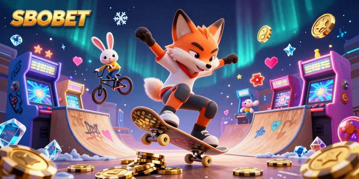 SBOBET highlights exciting gambling action with a skateboarder fox and BMX rabbit in a vibrant casino scene.