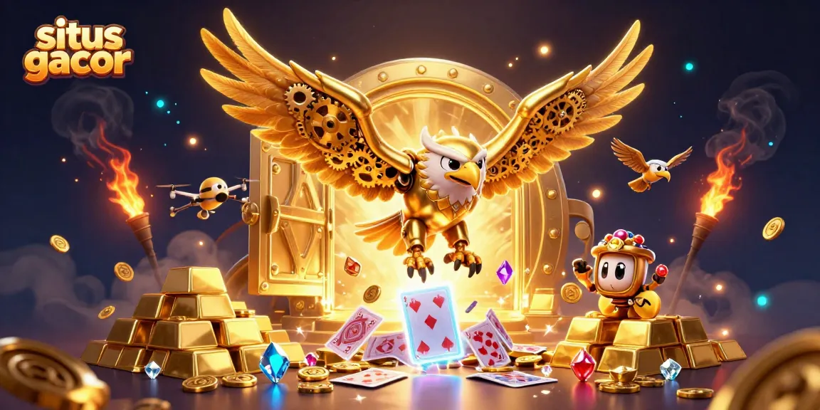 Play to win at situs gacor with a cybernetic eagle diving among shining treasures and holographic playing cards.