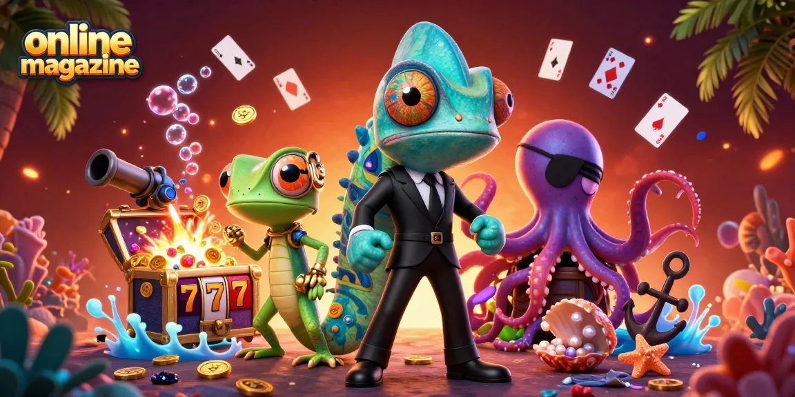 Engage with this vibrant online magazine illustration, showcasing colorful casino characters and slot elements.