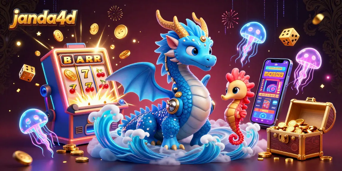 Mengakses pengalaman gaming janda4d dengan slot machine, naga laut, dan efek cahaya menakjubkan.
