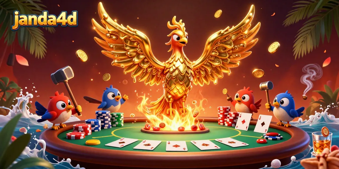 Jana4d memimpin permainan poker dengan phoenix emas yang mencair dan koin berkilauan.